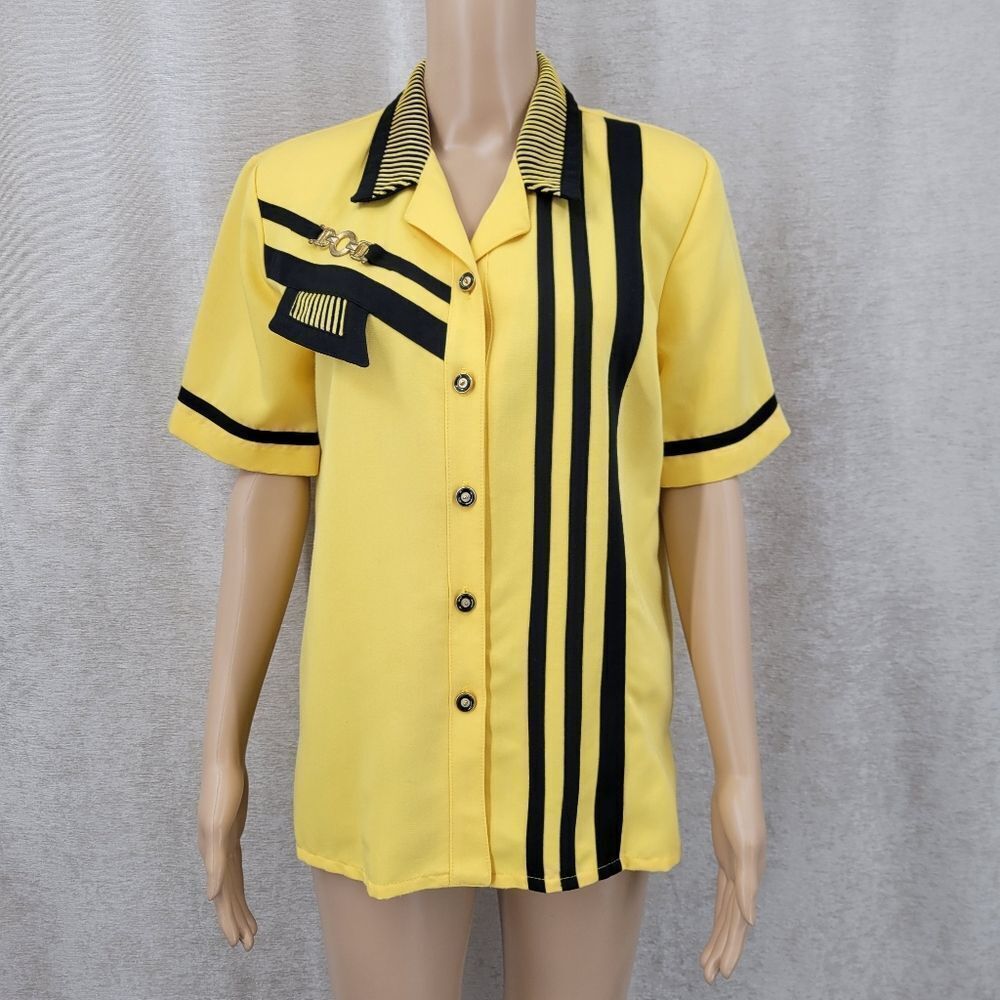 City Girl Vintage Bowling Style Yellow Black Striped Button-Up Shirt Rockabilly